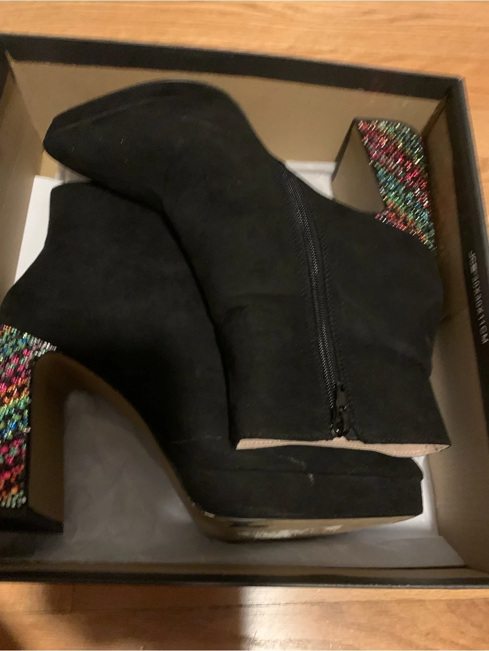 Betsey Johnson Black Suede Ankle Boots with Rainbow Crystal Block Heel